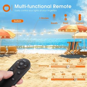 addlon 54FT(48+6) Solar String Lights Outdoor Waterproof with USB Charging & Remote Control - Dimmable Solar Power Patio Lights with LED Bulbs for Porch, Garden, Yard, Market, Bistro - Last for 20+Hrs