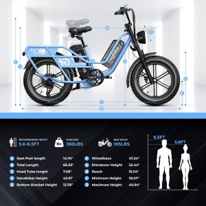 Dual Battery Electric Bike for Adults, 160 Miles Long Range Cargo Ebike with 48V 60AH Removable Battery, 1450W Peak Motor 34MPH Electric Bicycle, 20" x 4" Fat Tire Hydraulic Disc Brakes E Bike Blue