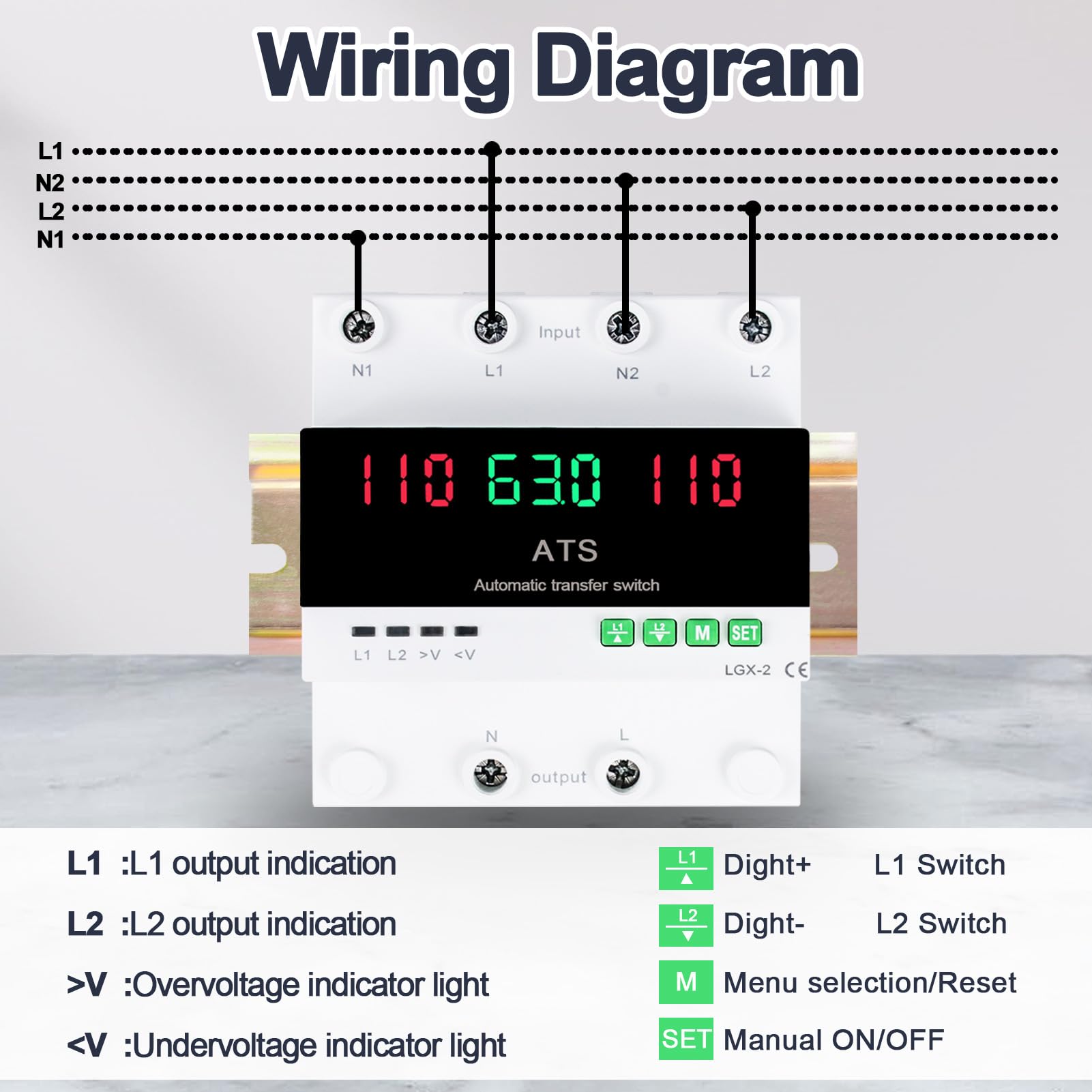 63A 110V Automatic/Manual Transfer Switch, Dual Power Selector with LED Display, L1 Priority, DIN Rail Mount,50/60Hz CE Certified ATS for Generator and Backup Power - Image 3