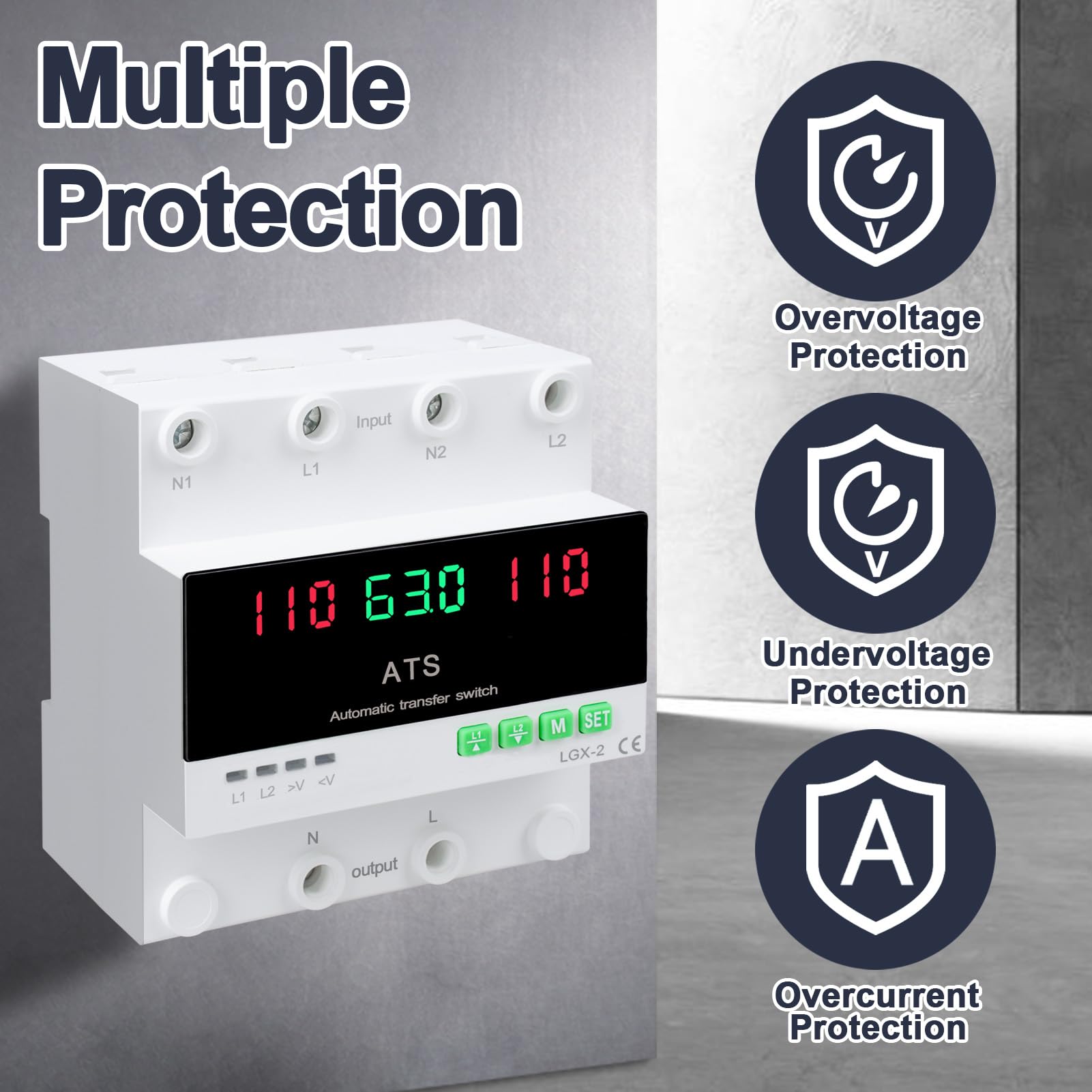 63A 110V Automatic/Manual Transfer Switch, Dual Power Selector with LED Display, L1 Priority, DIN Rail Mount,50/60Hz CE Certified ATS for Generator and Backup Power - Image 6