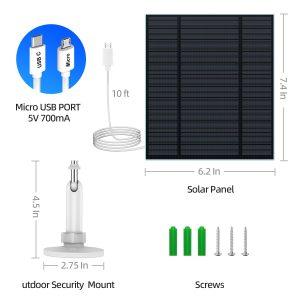 5W Solar Panels for Security Camera, Solar Panel with Micro USB & USB-C Port for DC 5V Outdoor Rechargeable Battery Camera, IP65 Waterproof, 360° Adjustable Security Mount, 9.8ft Cable(1PC)