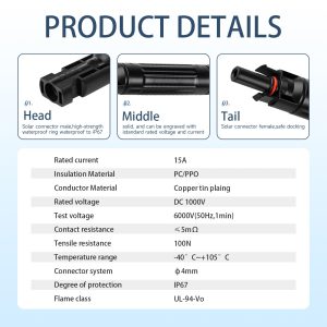 15 Amp Solar Panel Fuse 1000V Solar in-Line Fuses Holder IP67 PV Panel String Fuses with Male and Female Connector，Waterproof Solar Fuse Connector，Solar Surge Protection Device（2-Pack）