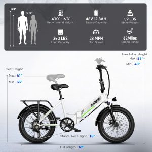 Aipas A2 Folding Electric Bike, 20'' Fat Tire Electric Bike with 750W Peak Motor, 48V 12.8Ah Removable Battery, 28MPH Max Speed, 62 Mile Range, Step-Through Frame and 7-Speed