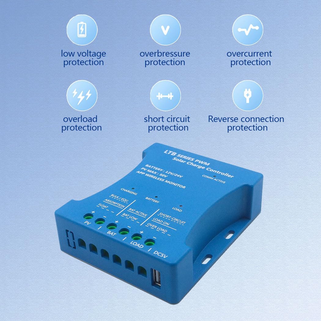 20A Solar Charge Controller 12V/24V Auto with APP Remote Monitoring PWM Solar Panel Regulator for LiFePO4/Lithium/Lead-Acid Batteries & USB 5V/1.5A Output | 7 Protections & Timer Settings - Image 7