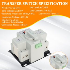 2P 63A 110V Dual Power Automatic Transfer Switch, ATS Generator Changeover Switch 50HZ/60HZ, White