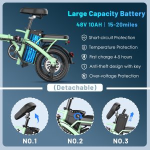 Foldable Electric Bike for Adults and Teens, 14" Folding E-Bike with 500W Motor, Electric Bicycle with 48V Removable Battery UL 2849 Certified, Commuter Mini EBikes with 25 Miles PAS Range (Green)