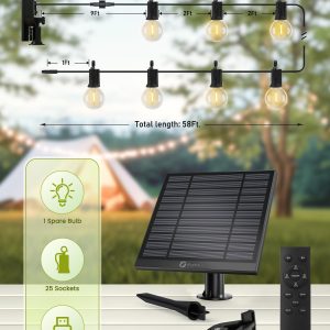 Brightown 58FT Solar String Lights Outdoor with Remote Cable Ties and Hooks, Commercial Grade Patio Lights with 26 LED Shatterproof Bulbs, 3 Light Modes Hanging Light for Backyard Party Decor
