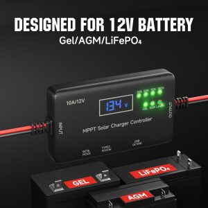 MPPT Solar Charge Controller 12V 10A, Solar Panel Charge Controller with Type-C and USB Output for Solar Panel and Gel, AGM, LiFePO₄ Battery