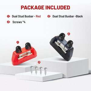 RED WOLF 2PCs 3/8" M10 Small Dual Stud Bus Bar 12-48 V Power Distribution Block Holder 150A DC MAX, Battery Terminal Junction Dual Power Stud Busbar for Car Marine Boat Red & Black Set w/Screws