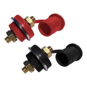 3/8" Thru-Panel Stud Junction with Cover, High Power Copper Core Bushing, Through Panel Battery Terminal Bulkhead Pair, Red and Black (Pair Red/Black)