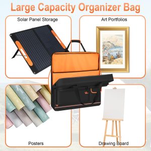 Wigojoy Solar Panel Storage Bag with Orange Lining, Deepened Opening, Zipper with Pull and Multi-Accessory Space Solar Panel Travel Carrying Case Fit for Jackery SolarSaga 100W 100X 200W, Black