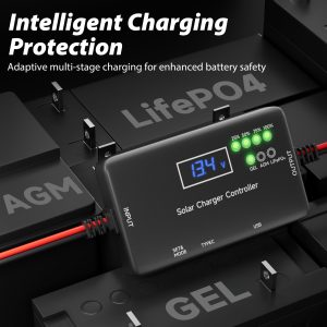 Solar Charge Controller 12V 20A, Solar Panel Charge Controller with Type-C and USB Output for Solar Panel and Gel, AGM, LiFePO₄ Battery