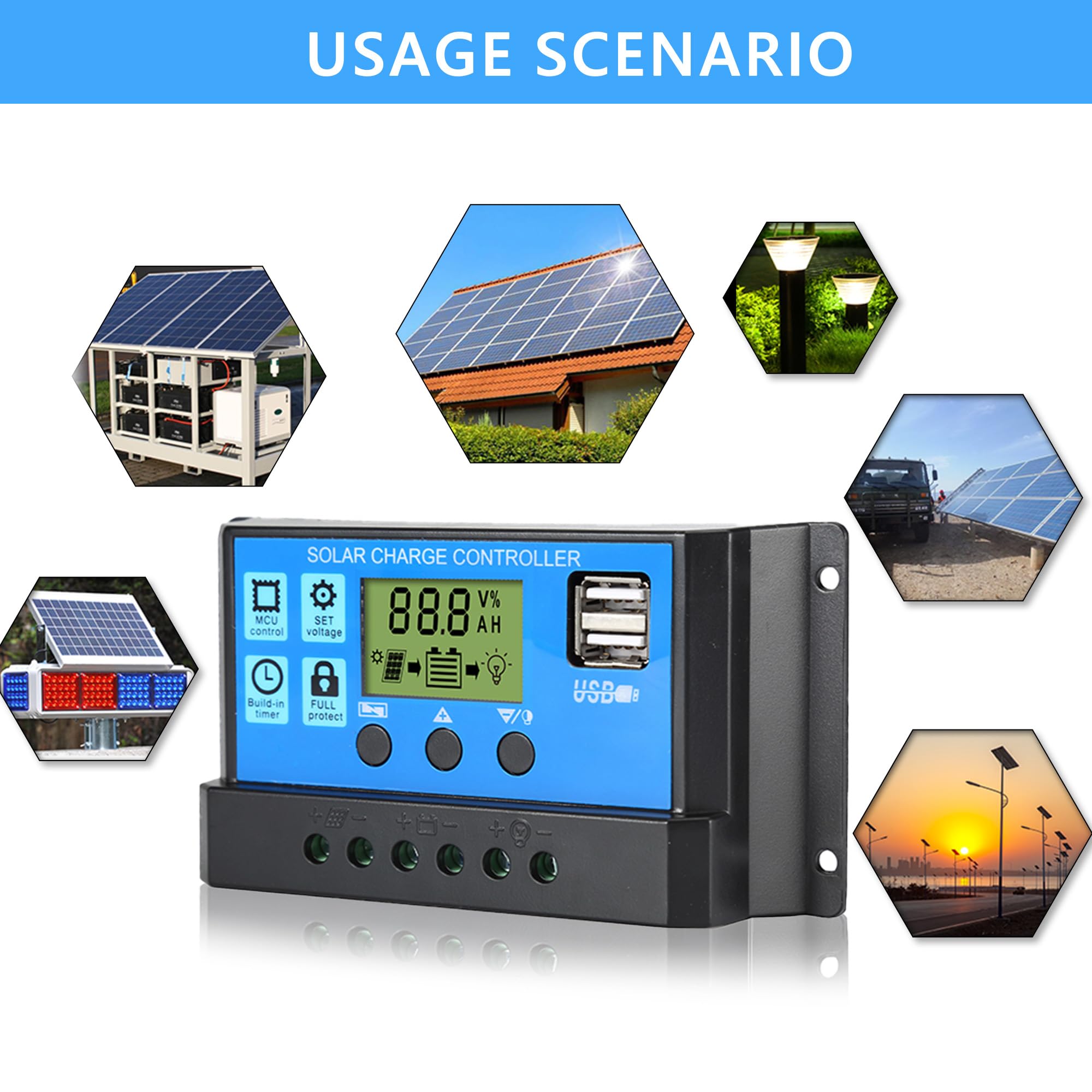 Anern 30A PWM Solar Charge Controller 12V/24V with LCD Display, Dual USB Solar Panel Battery Intelligent Regulator, Auto Parameter Adjustable, Timer Setting, Multiple Load Control Modes - Image 2