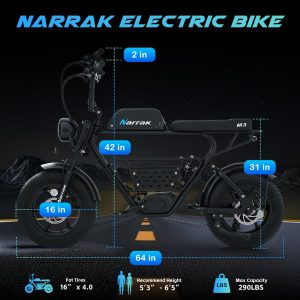 Narrak Electric Bike for Adults,1100W Peak Motor 16"x 4.0 Fat Tires 28MPH E-Bike, 48V Removable Battery Dirt Bike, Dual Suspension & Brakes Motorcycle, 7-Speed, All Terrain for Mountains, Snow (Black)