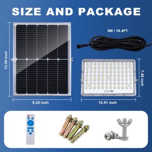 300W LED Solar Flood Lights, 15000mah 8000K Street Flood Light Outdoor IP66 Waterproof with Remote Control Security Lighting for Parking Lot, Yard, Garden, Swimming Pool, Pathway