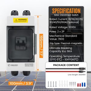 Pjerjzn Solar Panels Disconnect Switch 30A 1000VDC PV Shut Off Switch 1 in 1 Out Circuit Breaker Box IP66 Waterproof UV-Proof