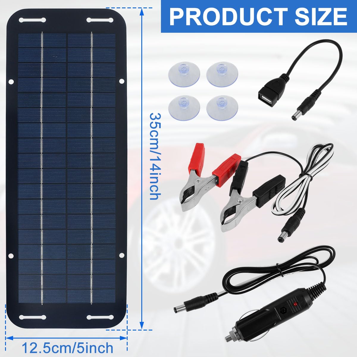 Solar Panel Kit, 30w 12v Solar Trickle Charger, 14 X 5 inch Portable Solar Powered Charger Kit with 4 Suction Cups, High-Efficiency Car Battery Charging for Car Rv Boat Motorcycl - Image 3