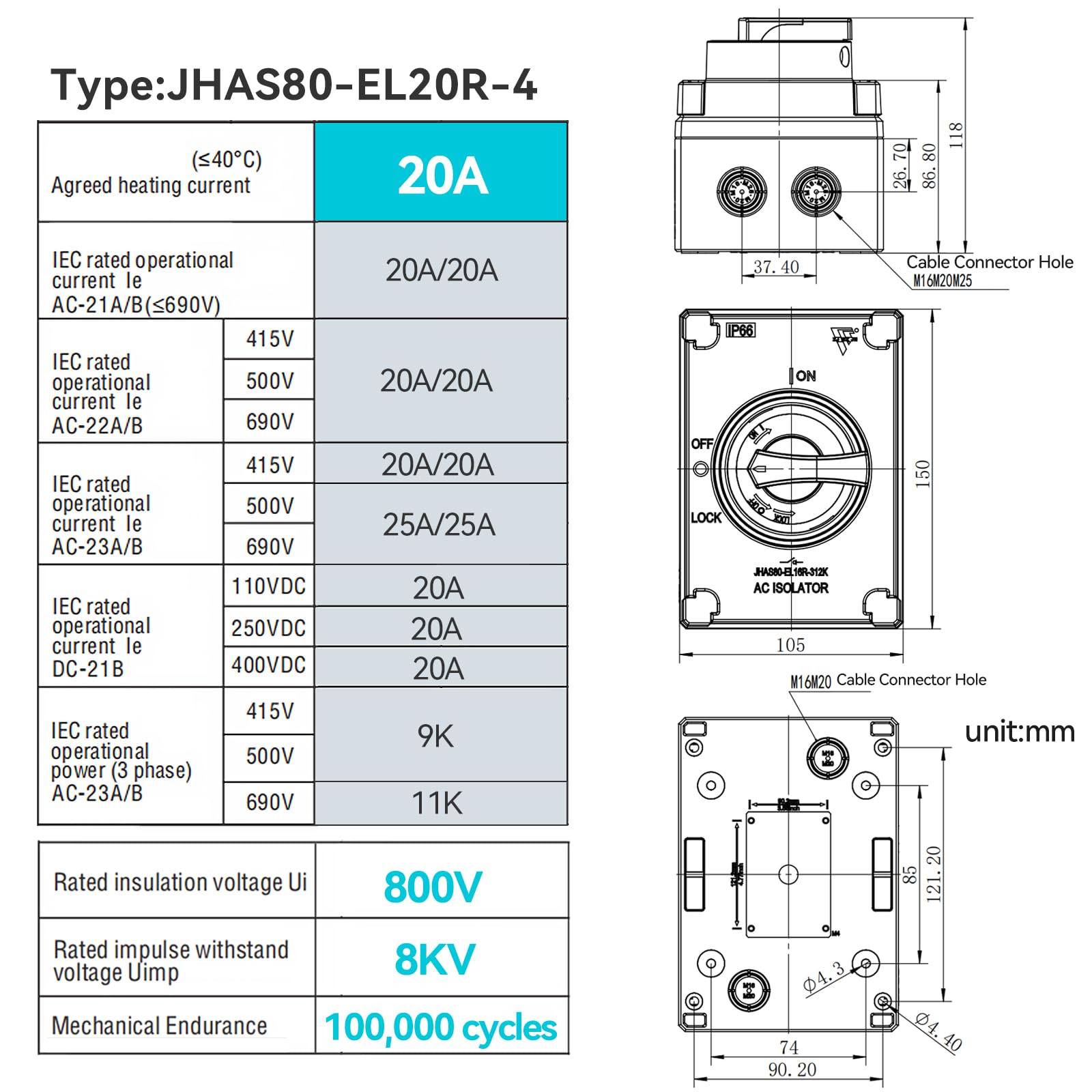 20Amp AC Disconnect Switch 4-Pole AC 800V IP66 Waterproof Isolation PV On Off Rotary Switch Ac Disconnect Box Outdoor Breaker Power Off - Image 6