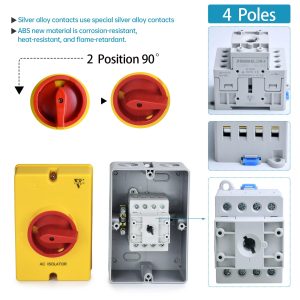 32Amp AC Disconnect Switch 690V AC Isolator Switch,4-Pole IP66 Waterproof Isolation PV Rotary Disconnect On Off Changeover 2 Position Disconnect Box Outdoor
