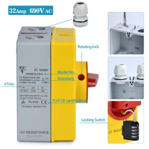 32Amp AC Disconnect Switch 690V AC Isolator Switch,4-Pole IP66 Waterproof Isolation PV Rotary Disconnect On Off Changeover 2 Position Disconnect Box Outdoor