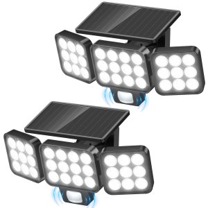 WdtPro 2025 Solar Lights Outdoor Flood Light, 3500LM Bright Motion Sensor Outdoor Lights, 3 Heads & Upgrade Glass Panel, LED Solar Powered Security Light Spotlights Waterproof for Outside Yard-2Pack