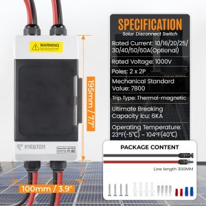 Pjerjzn Solar Panels Disconnect Switch 40A 400VDC PV Shut Off Switch Outdoor 2 String Circuit Breaker Box IP66 Waterproof UV-Proof