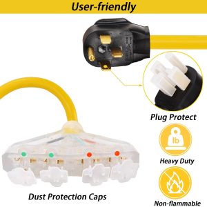 50 Amp to 110V 20 Amp RV Adapter Cord, 4 Prong NEMA 14-50P Male Plug to 4X 5-20R Household Outlet Female Connectors Adapter Cord with Dust Protection Caps, 1.5 FT, Yellow