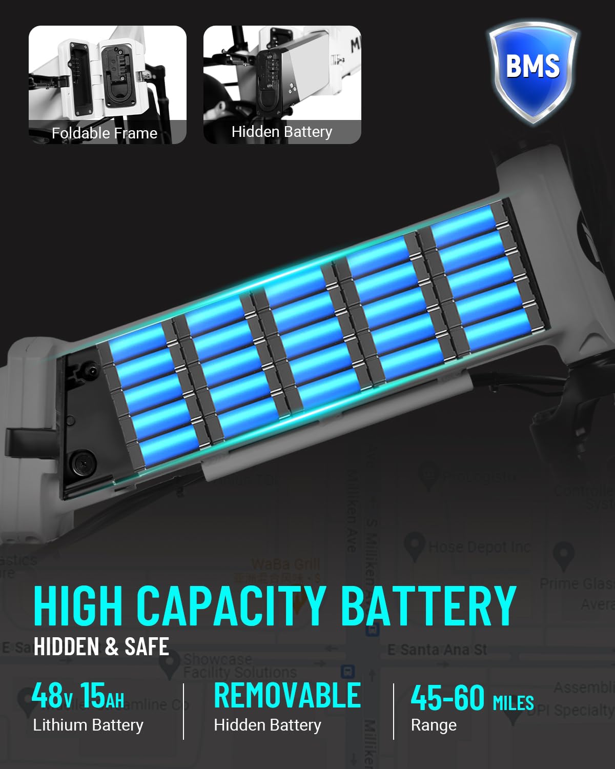 Mukkpet Tank 1500W Peak Electric Bike for Adults, 28MPH 65Miles Folding Electric Bike, 48V 15AH Battery Ebike, 20” *4.0 Fat Tires Ebike for Adults, Dual Suspension - Image 6