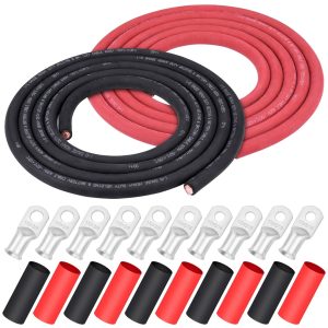 iGreely 1/0 AWG Gauge Wire 10 Ft Black + 10 Ft Red Battery Welding Pure Copper Ultra Flexible Cable + 5pcs of 5/16" & 5pcs 3/8" Copper Cable Lugs Terminal Connectors with Heat Shrink Tubing