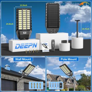 DEEPN Solar Street Light, Commercial Grade Solar Lights Outdoor IP67 Waterproof, 8700W LED Flood Security Lights Motion Sensor & Dusk to Dawn Outdoor Lighting for Parking Lots, Streets & Yard, 2 Pack