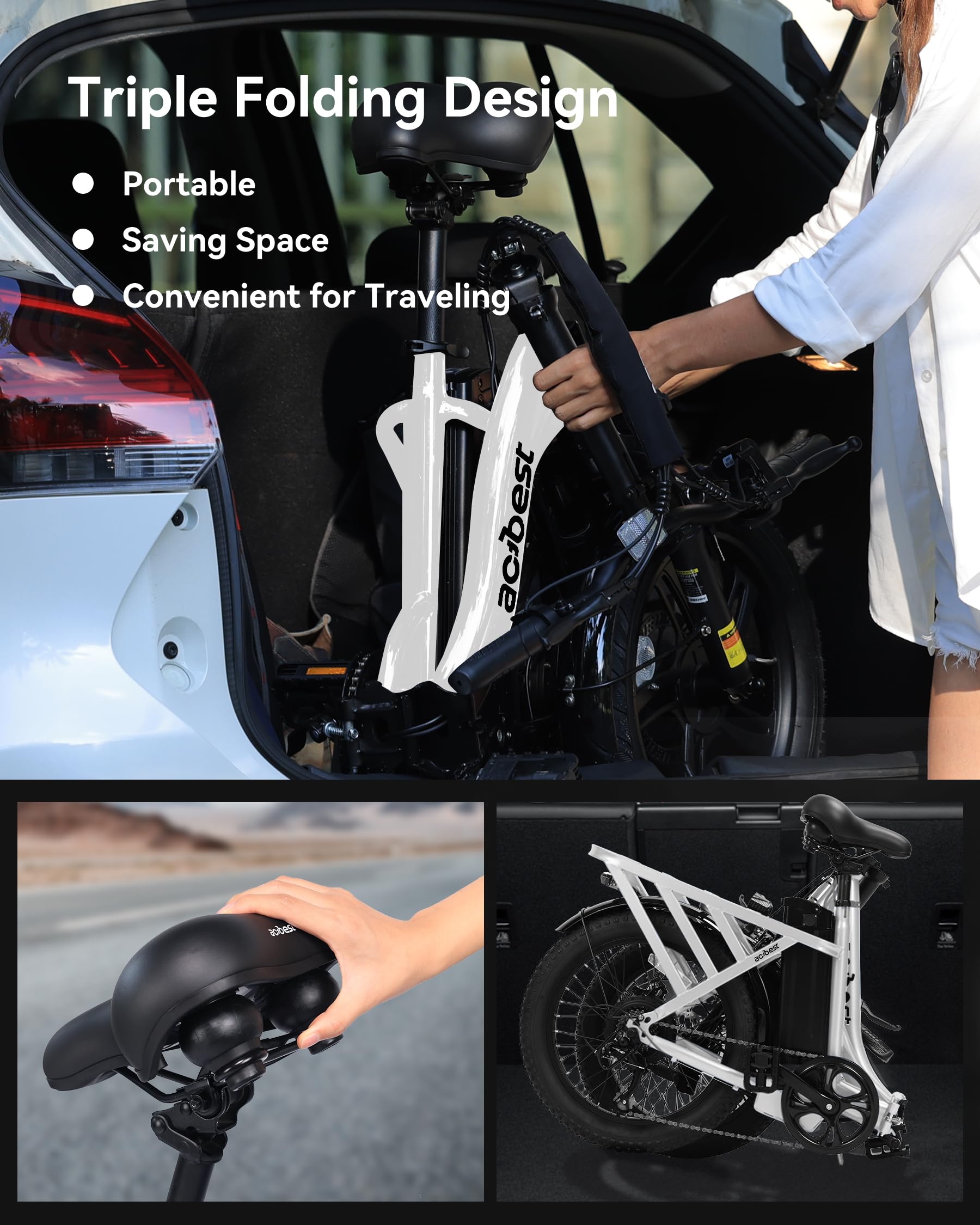 Qlife Electric Bike for Adults, Mars 20'' Fat Tire Folding Ebike with Peak 1200W Motor, 7 Speed 28MPH, 48V 499Wh Removable Battery Max Range 55 Miles, Foldable Electric Bicycle, White - Image 4