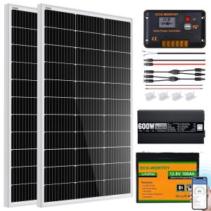 ECO-WORTHY 200 Watt 12V Complete Solar Panel Starter Kit for RV Off Grid with Battery and Inverter: 2pcs 100W Solar Panel + 30A Charge Controller + 100Ah Lithium Battery + Premium Solar Inverter