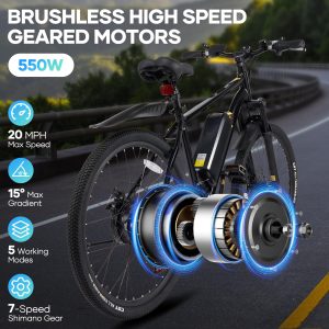 Electric Mountain Bike 26" for Adults, 350W Commuter Electric Bikes 48V 20mph with Front Suspension Fork and Dual Disk Brakes for Mountain Beach Snow