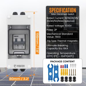 Pjerjzn Solar Panels Disconnect Switch 25A 1000VDC PV Shut Off Switch Outdoor Circuit Breaker Box IP65 Waterproof UV-Proof
