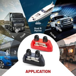 RED WOLF 2PCs 3/8" M10 Small Dual Stud Bus Bar 12-48 V Power Distribution Block Holder 150A DC MAX, Battery Terminal Junction Dual Power Stud Busbar for Car Marine Boat Red & Black Set w/Screws