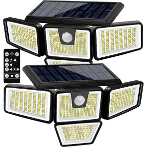 AmeriTop Solar Lights Outdoor, 2 Pack 300 LED High Brightness Cordless Solar Motion Sensor Lights; 4 Adjustable Heads,320° Wide Angle Illumination, IP65 Waterproof, Security LED Flood Light(Daylight)