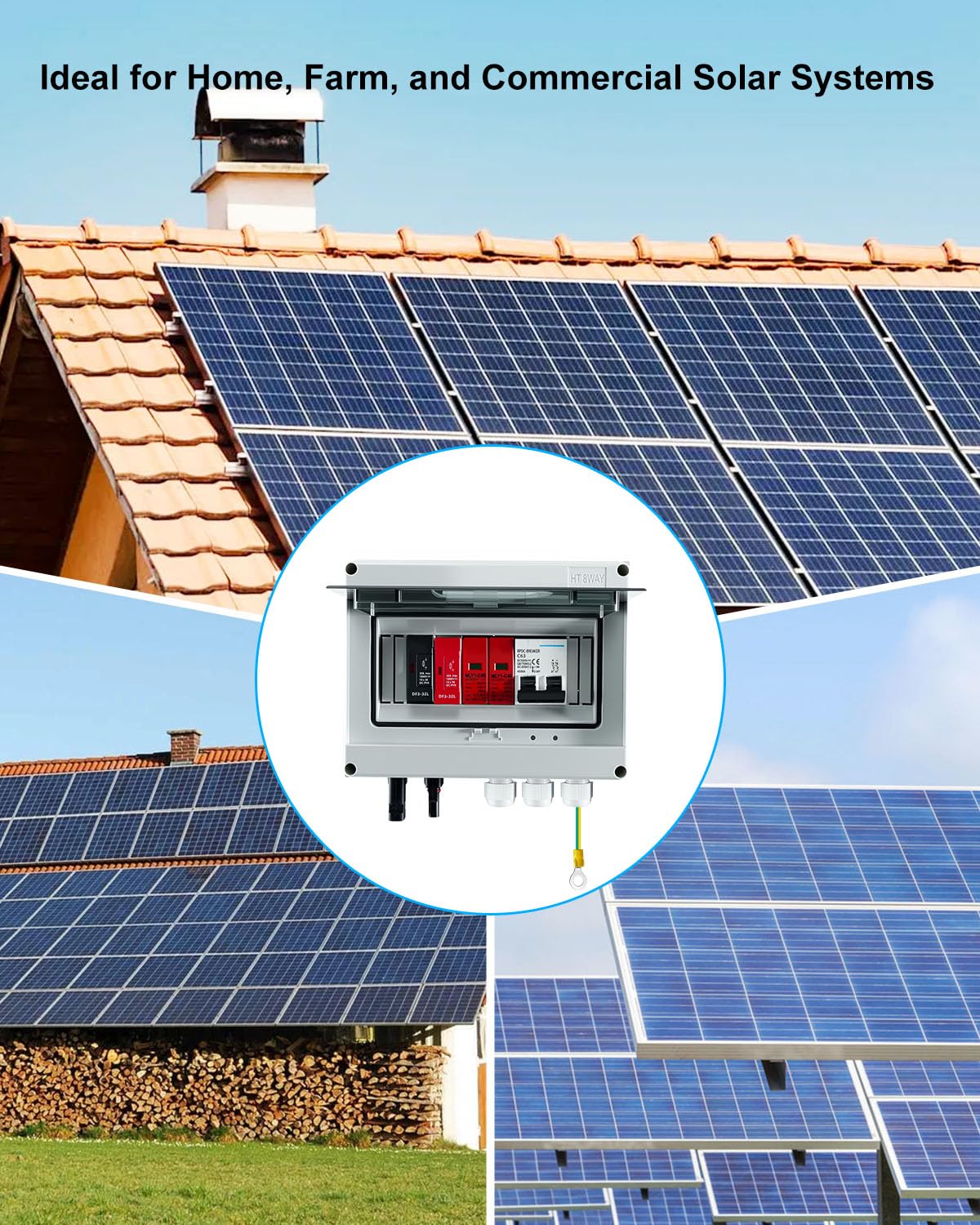 600V Solar DC PV Combiner Box, 1 String with Lightning Arrester Connector for On/Off Grid Solar Panel System, 1 Input 1 Out 15A Fuse, 63A Circuit Breaker, Waterproof ABS Enclosure - Image 2