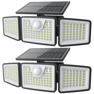 daphino 2500LM Solar Lights Outdoor with Motion Sensor,3 Head 270° Wide Angle Street Area Lights, IP65 Waterproof Security Lighting with 3 Modes(Non-Remote,2 Pcs)