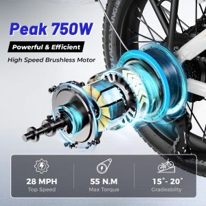 Aipas A2 Folding Electric Bike, 20'' Fat Tire Electric Bike with 750W Peak Motor, 48V 12.8Ah Removable Battery, 28MPH Max Speed, 62 Mile Range, Step-Through Frame and 7-Speed