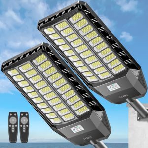 DEEPN Solar Street Light, Commercial Grade Solar Lights Outdoor IP67 Waterproof, 8700W LED Flood Security Lights Motion Sensor & Dusk to Dawn Outdoor Lighting for Parking Lots, Streets & Yard, 2 Pack