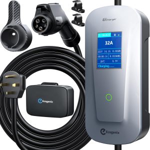 Ecogenix Level 2 EV Charger with Holder, 32A/7.68KW 25ft Cable Portable Mobile Fast J1772 Charger, 240V NEMA 14-50P, Home/Outdoor Charging Stations for All J1772 EV and Hybrid Vehicles