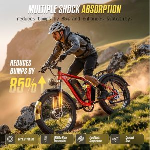 PUJH 5000W Dual Motors Adults Electric Bike, 60V 20Ah 26" Fat Tire Fast Ebike, Max 45 mph up to 100 Miles Full Suspension Hydraulic Disc Brake Class 3 Ebike Off Road Mountain Hunting for Men (Red)