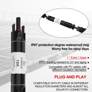 OYMSAE Solar Fuse Holder Inline Male & Female Connector 15 Amp PV Fuse for Solar Panel, Waterproof, Black,5PCS