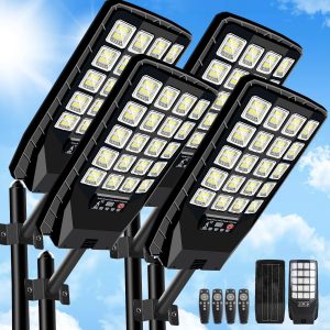 JWT 4 Pack Solar Street Lights Outdoor Waterproof - Solar Powered Flood Light with Motion Sensor & Remote Control 6500K 20000LM,Dusk to Dawn Commercial Solar Lights Outdoor for Parking Lot