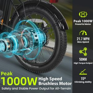 Vivi MT20UL Foldable Electric Bike 20" x3.0 Fat Tire Electric Bike with 48V 499.2WH Removable Battery, Peak 1000W, Up to 50 Miles EBike, 7-Speed, 21.7MPH, Cruise Control, SGS Certified to UL2849