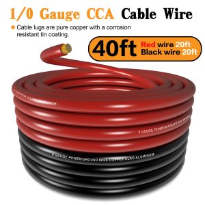 1/0 Gauge Battery Cable Wire Copper Clad Aluminum CCA Amp Wiring Kit 40FT Black/Red for Automotive Power Ground,Car Audio Speaker,Inverter Truck with 250A ANL Fuse Holder Lug Terminal Heat Shrink Tube