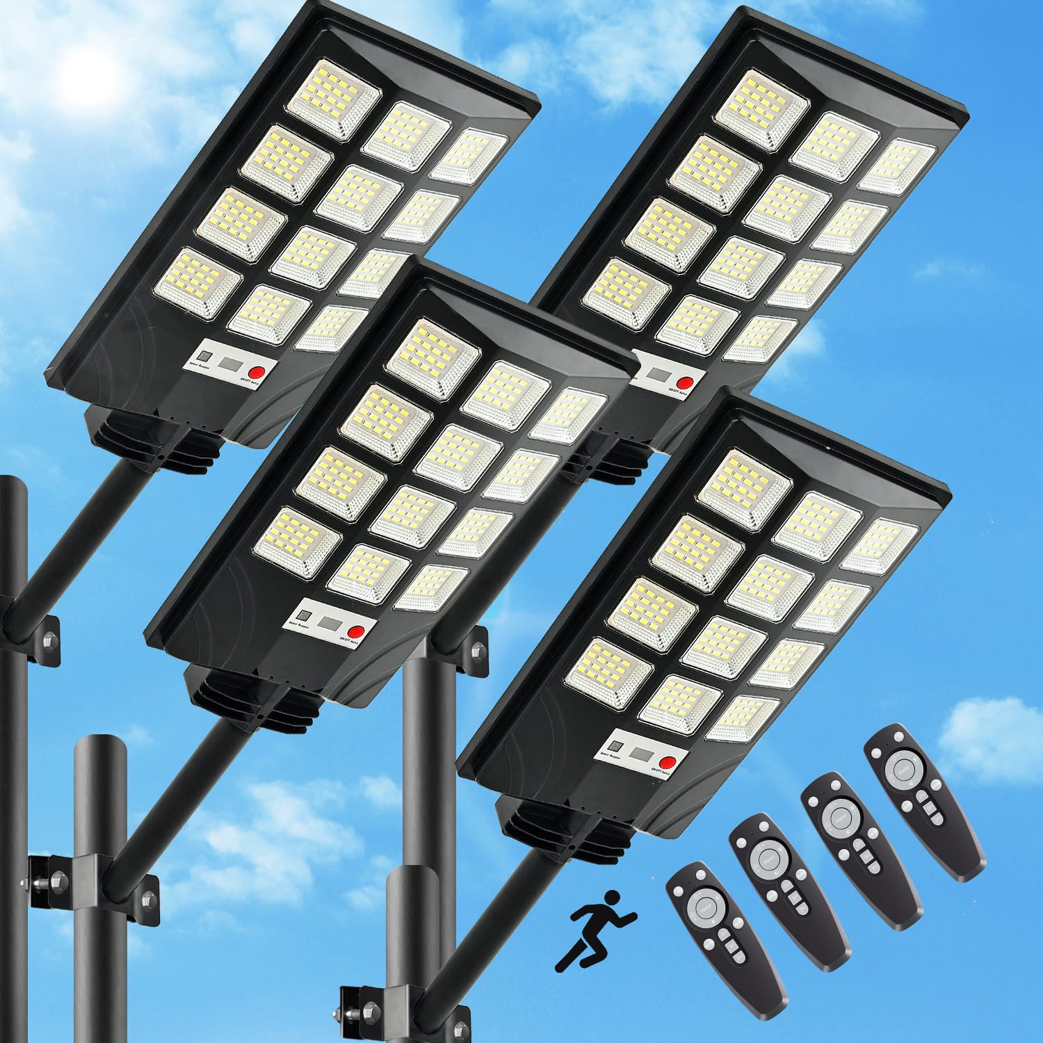 4pcs 600W 30000LM Solar Street Lights Outdoor Waterproof Solar Street Lights for Outside Parking Lot 192 5730LEDs Dusk to Dawn Solar Outdoor Lighting Motion Sensor Light for Garage Remote Control