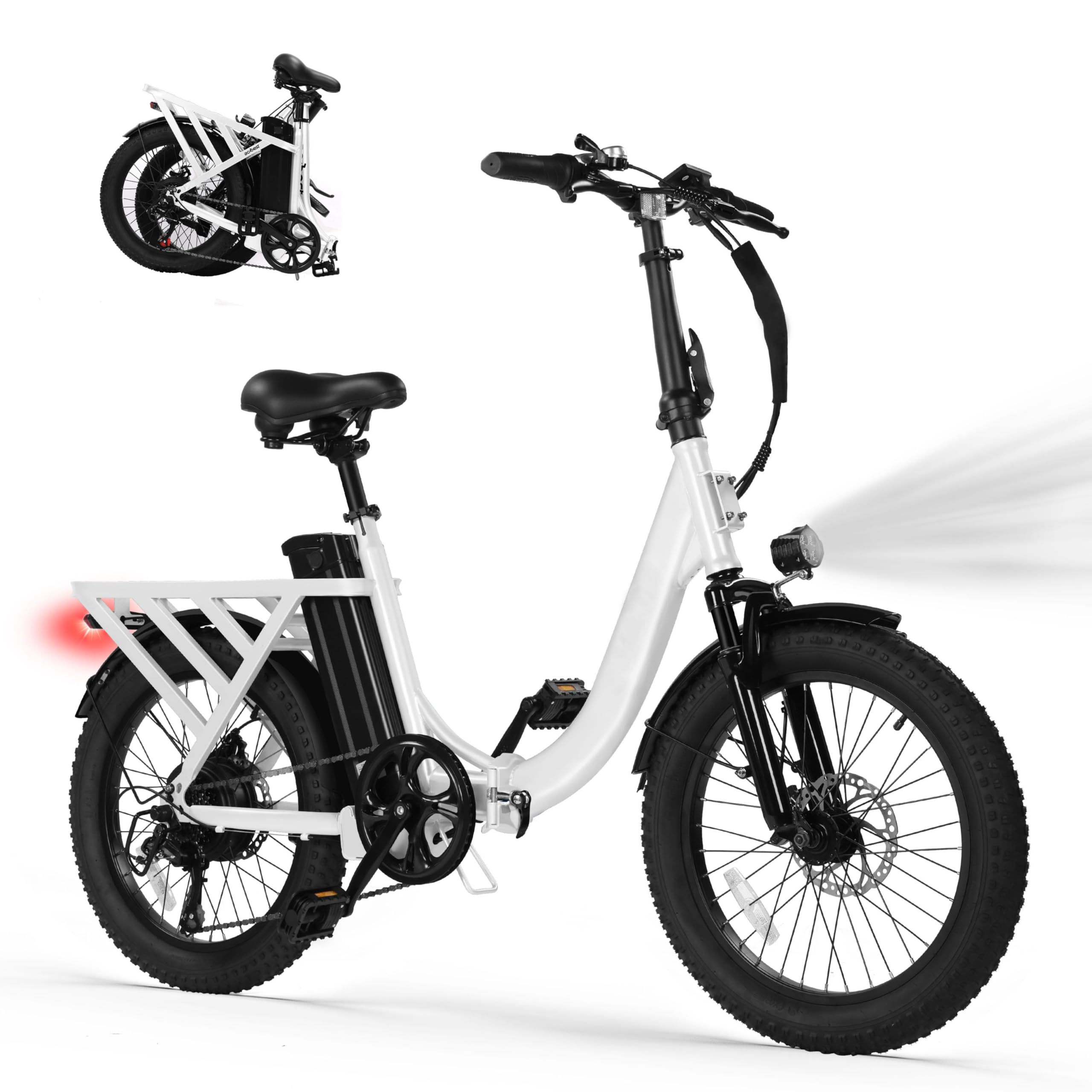 Qlife Electric Bike for Adults, Mars 20'' Fat Tire Folding Ebike with Peak 1200W Motor, 7 Speed 28MPH, 48V 499Wh Removable Battery Max Range 55 Miles, Foldable Electric Bicycle, White