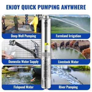 VEVOR Deep Well Submersible Pump, 1HP 115V/60Hz, 37gpm Flow 207ft Head, with 33ft Electric Cord, 4" Stainless Steel Water Pump for Industrial, Irrigation&Home Use, IP68 Waterproof Grade