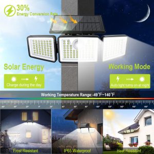 daphino 2500LM Solar Lights Outdoor with Motion Sensor,3 Head 270° Wide Angle Street Area Lights, IP65 Waterproof Security Lighting with 3 Modes(Non-Remote,2 Pcs)